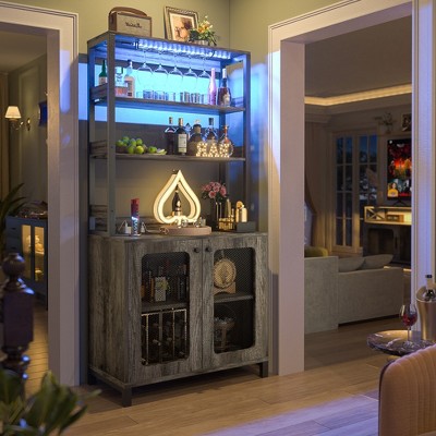 Aheaplus Bar Cabinet with Power Outlets, Wine Bar Cabinet Liquor Cabinet with LED Lights & Glass Holder