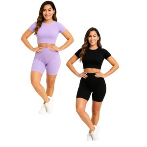 Womens Seamless 2 Piece Activewear Set- Crop Top and Biker Short - 1 of 4