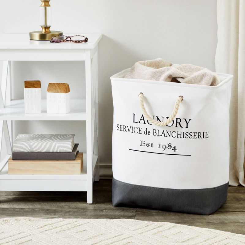 Okuna Outpost Canvas Laundry Basket with Handles for Bathroom, Bedroom (White and Gray, 60 L Capacity, 12x16x19.2 In), 2 of 10