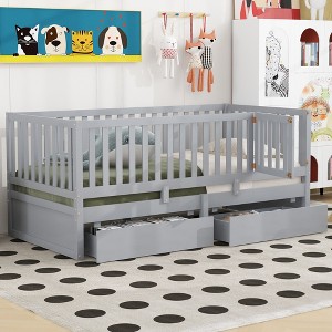 PAGED Twin Size Daybed Dual Use Bed Frame with 2 Storage Drawers and Fence Guardrails for Bedroom, Living - 1 of 4
