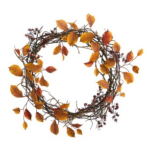 Nearly Natural 19-in Harvest Leaf, Berries and Twig Artificial Wreath - 1 of 3