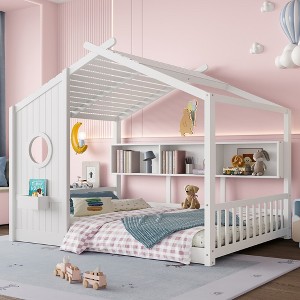 Whisen Twin Size Floor House Bed & Kids Montessori Bed, Playhouse Bed with Storage Shelf, Roof Design - 1 of 4