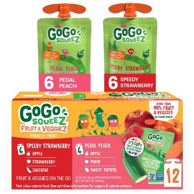 GoGo squeeZ Fruit & VeggieZ, Variety Peach/Strawberry - 3.2oz/12ct