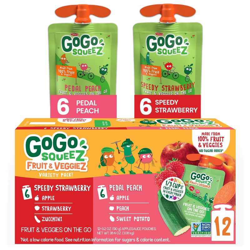 GoGo squeeZ Fruit &#38; VeggieZ, Variety Peach/Strawberry - 3.2oz/12ct, 1 of 12
