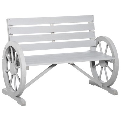 Outsunny Wooden Wagon Wheel Bench Rustic Outdoor Patio Furniture, 2-Person Seat Bench with Backrest