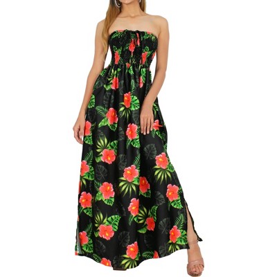 LA LEELA Women's House Daily Routine Evening Wear Boho A line Slit Maxi Dress Smocked Top Evening Long Tube Dresses for Women One Size Black, Floral