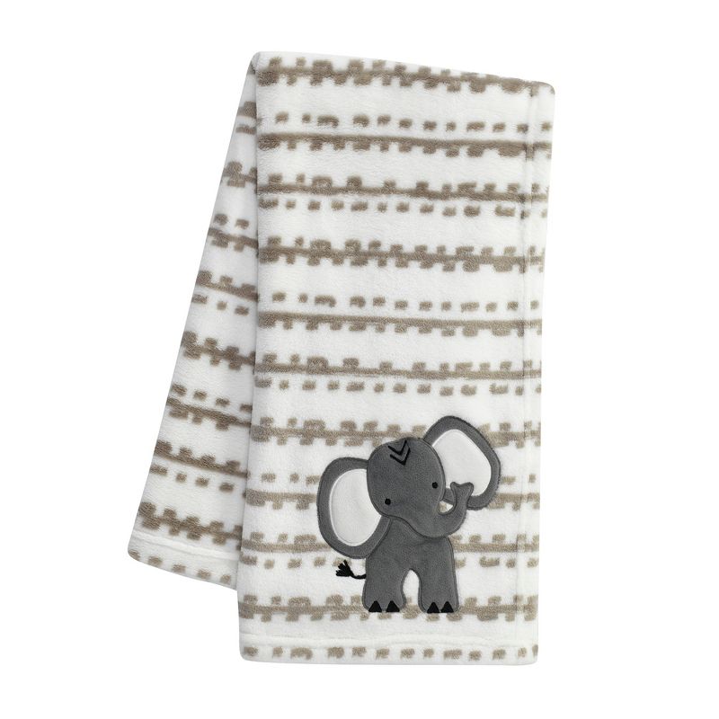 Lambs & Ivy Jungle Safari White/Tan Plush Minky Elephant Nursery Baby Blanket, 1 of 5