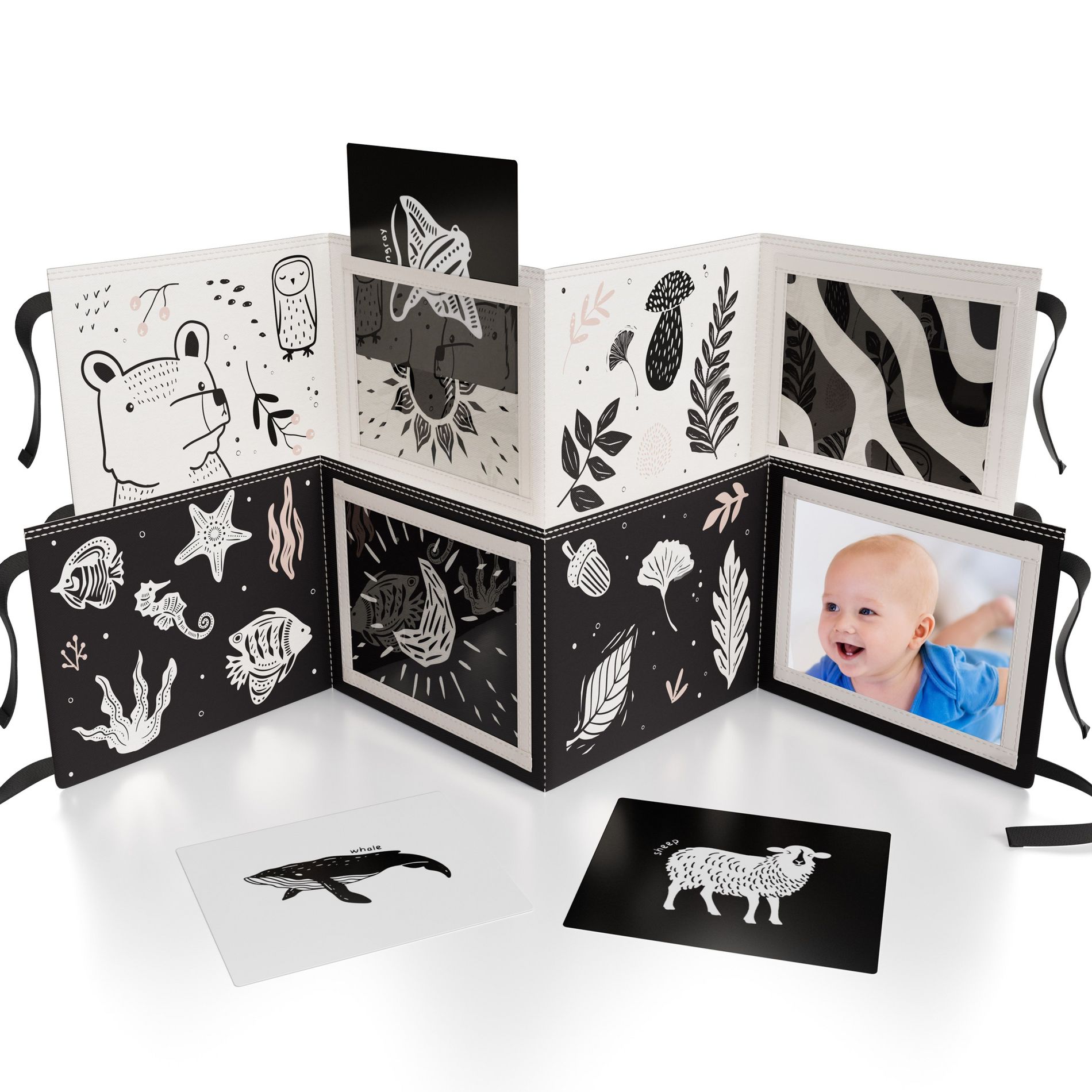 Soft Tummy Time Book with Baby-Safe Mirror - Black & White Montessori Toy with Crinkle & 20 High-Contrast Designs for Infant Development