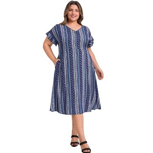 GRACE & GRANDEUR Women's Plus Size Boho Floral Stripe V Neck Ruffle Sleeve Pockets Flowy Casual Beach Midi A Line Dresses - 1 of 4