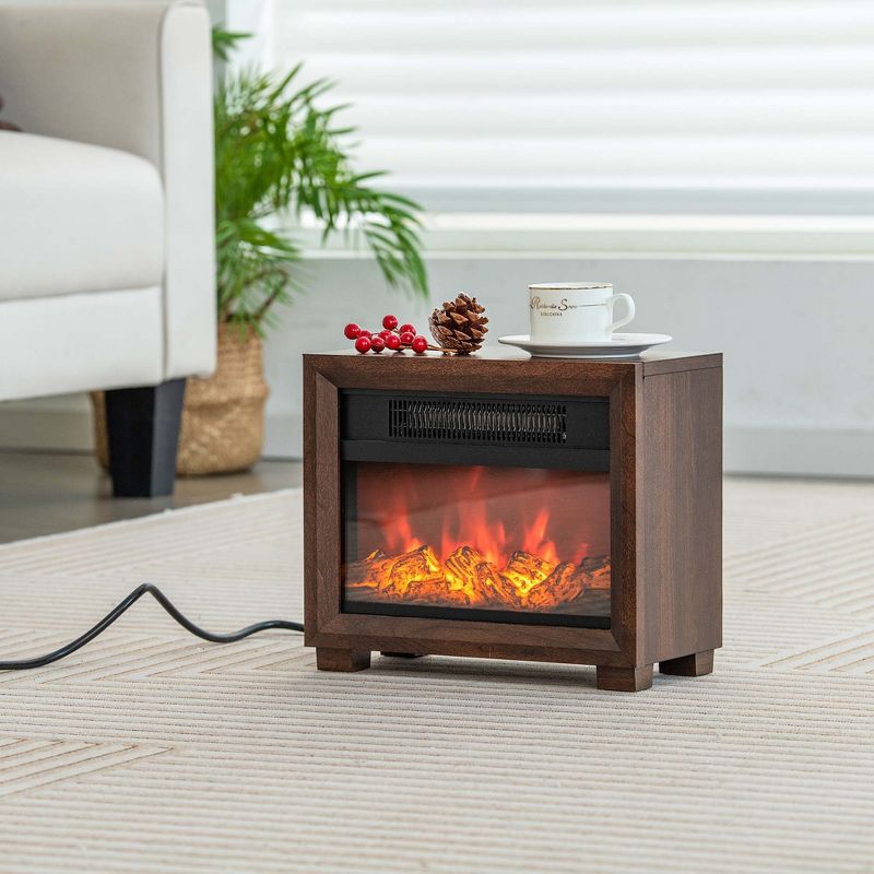 Costway Mini Desktop Electric Fireplace Heater Portable Wooden Fireplace with Vivid Flame Brown, 2 of 11