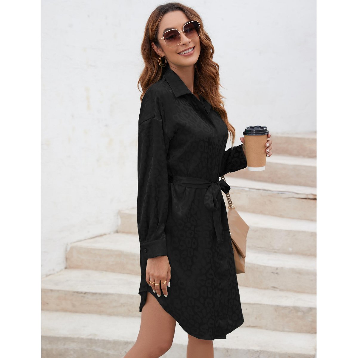 Женские платья YesFashion Womens Shirt Dress Long Sleeve Button Down Belted Dresses for Women Black L — фото 5