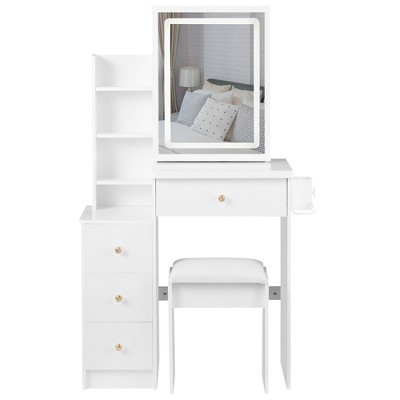 NicBex 29.2" Vanity Desk with Stool,Vanity Table with Sliding Mirror and Lights,Makeup Vanity with USB,Outlets&Hair Dryer Bracket for Bedroom