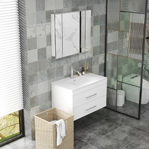 KWPZQEB Gloss Wall-Mounted Bathroom Vanity with Ceramic Sink, Modern Floating Vanity with Doors & Soft-Close System, Wall Mount Storage Cabinet, White - 1 of 4