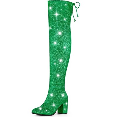 Allegra K Women's Halloween Glitter Round Toe Chunky Heel Over the Knee High Boots