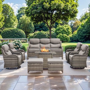Gymojoy 8 Pieces Outdoor Patio Wicker Sofa Swivel Chair Ottoman with 6 Inch Cushions and Fire Pit Table - 1 of 4