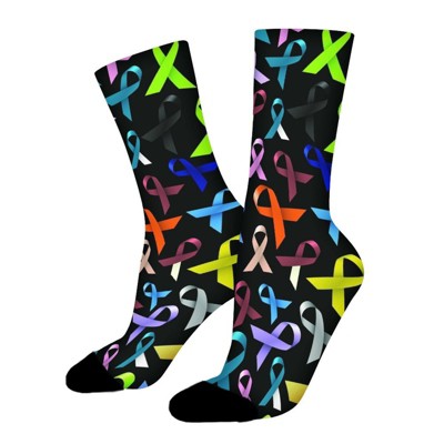 Multi Cancer Awareness Ribbon Women Printed Crew Socks Funny Funky Socks Soft Polyester Novelty Gifts for Artists Men