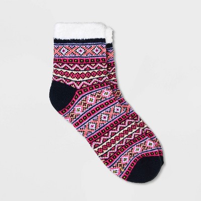 Women's Fair Isle Double Lined Cozy Ankle Socks - A New Day™ Navy Blue 4-10