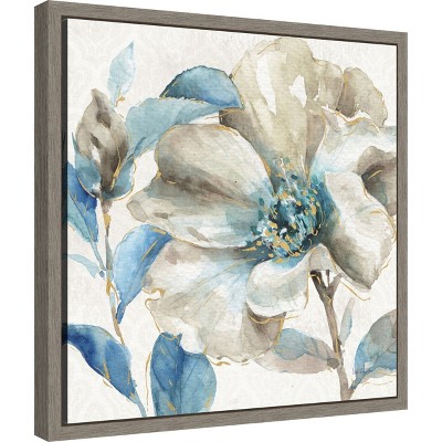 Indigo and Gold Floral Watercolor Canvas Print with Gray Frame