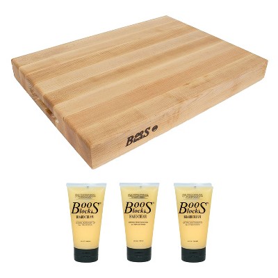 John Boos Maple Wood Wide Flat Edge Grain Cutting Board, 20 x 15 x 2.25 Inches and Block Wooden Butcher Board Natural Moisture Cream, 5 Oz (3 Pack)