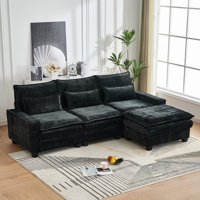 Modern Upholstered Cloud Deep Seat Couch  4-Seats Chenille L Shaped Sectional Sofa with Movable Ottoman for Living Room-The Pop Home