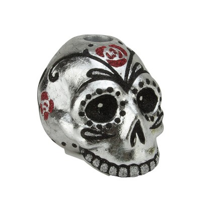 Gallerie II 4" Glittered Skull Head Halloween Taper Candle Holder - Silver/Black