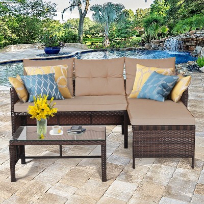 Tangkula 3PC Outdoor Furniture Set Rattan Wicker Sofa Table Deck Garden Patio