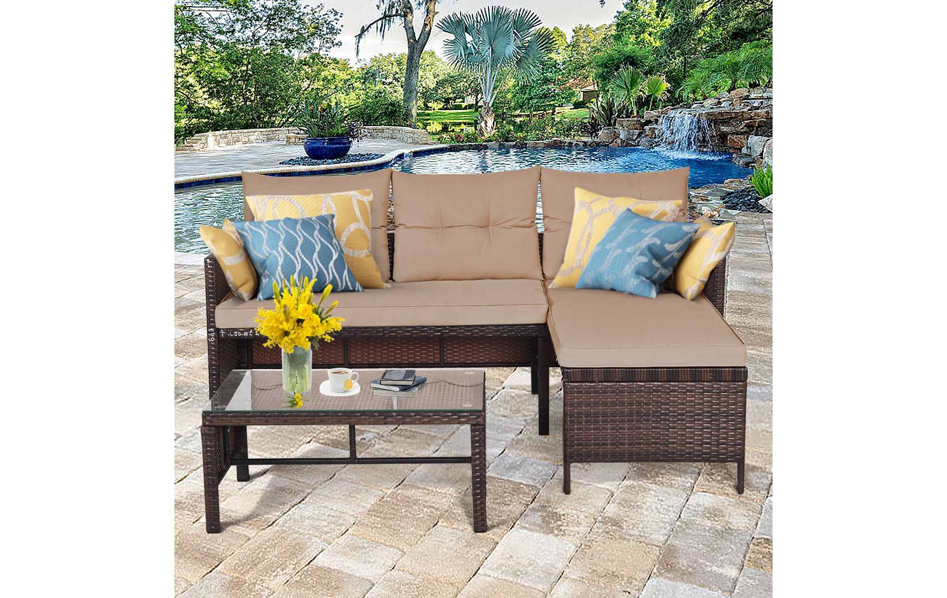 Tangkula 3PC Outdoor Furniture Set Rattan Wicker Sofa Table Deck Garden Patio