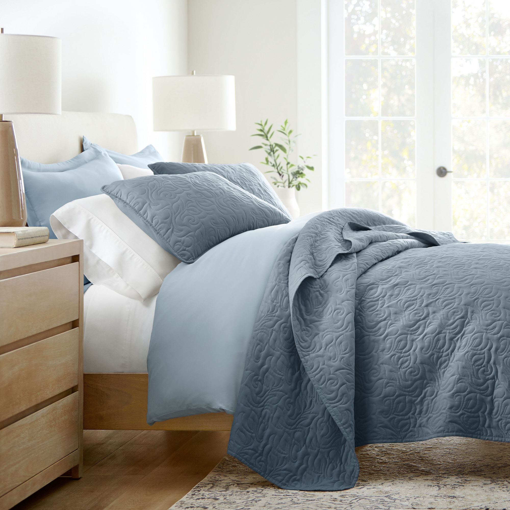 Stripes Floral and Diamonds Quilted Coverlet Set With Shams - Becky Cameron, Floral Stitch / Dusk Blue, Full/Queen