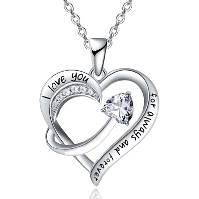 Paaaawaters 18k White Gold Plated 5A Cubic Zirconia Engraved I Love You Heart Pendant Necklace for Women Girls Wife