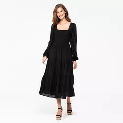August Sky Women's Long Sleeve Smocked Midi Dress RDM2046_Black_Small
