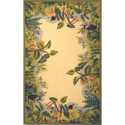 Handmade Beige and Green Wool Floral Rectangular Area Rug