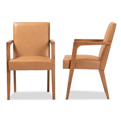 Andrea Mid-Century Tan Faux Leather and Walnut Accent Chair