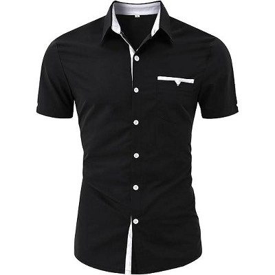 Men's Muscle Dress Shirts Slim Fit Stretch Banded Collar Short Sleeve Casual Button Down Shirt