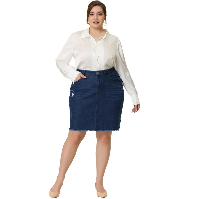 Agnes Orinda Women's Plus Size Denim Embroidered Distressed Ripped Pencil Jean Skirts, 3 of 6
