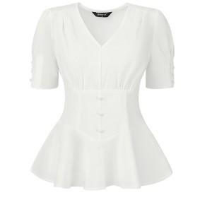 INSPIRE CHIC Women's Vintage Solid Victorian Puff Sleeve Steampunk Lace Up Blouse - 1 of 4