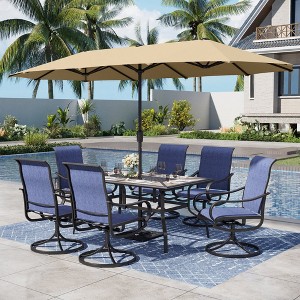 Captiva Designs 8pc Outdoor Wood-look Rectangle Steel Dining Table & Sling Swivel Chairs & Market Umbrella - 1 of 4
