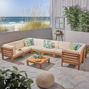 Christopher Knight Home Oana Outdoor Acacia Wood 8 Seater Sectional Sofa Chat Set with Cushions - 1 of 4