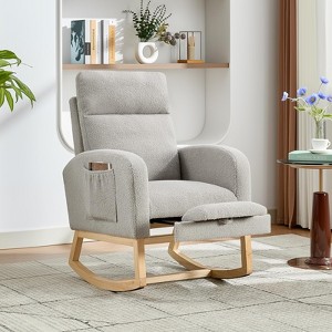 Rocking Nursery Chair with Foot Rest, Upholstered Rocking Chairs for Mom Nursery, Recliner Armchair with High Backrest & Wood Base and Side Pocket - 1 of 4
