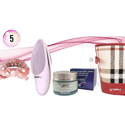 LINSAY Facial Cleansing Brush with LED Skin Therapy Bundle with Le preel Paris Organic Night-Time Cream, USB Cable, Headband, and Cosmetic Bag