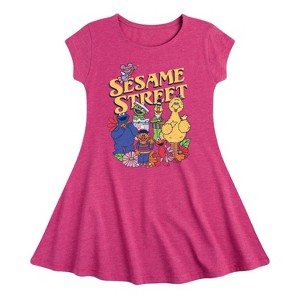 Girls' - Sesame Street - SS Group Flowers Fit & Flair Cap Sleeve Graphic Dress - 1 of 2