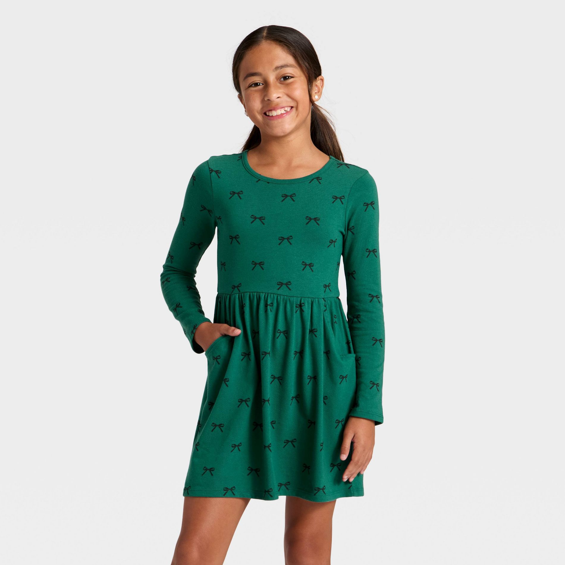 Girls' Long Sleeve Bows Printed Knit Dress - Cat & Jack™ Jade Green