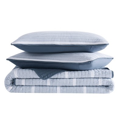 Niari Blue Cotton Twin XL Reversible Quilt Set