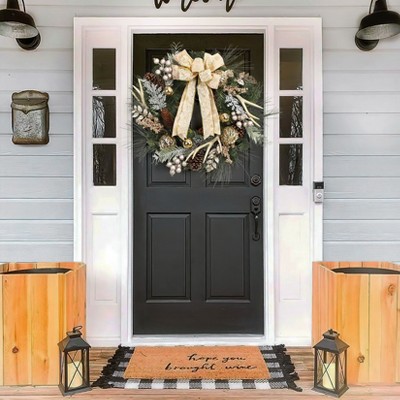 24" Christmas Wreath, Outdoor Christmas Wreath for Front Door, Battery Operated Xmas Wreath with Gold Ball Ornaments Pine Cones Antlers 20 LED Lights
