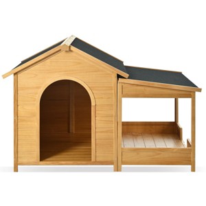 60" Wooden Dog House with Porch, Outdoor Cabin Style Dog Kennel with Asphalt Roof, Side Window, Doors and Elevated Floor for Medium Dogs - Koiai - 1 of 4