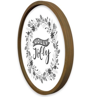 Holly Jolly Wreath 20 x 20 Round Brown Framed Print