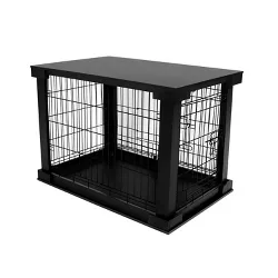 Merry Products 2 Door Decorative Pet Kennel with Wooden Protection Cover, Divider Insert, and Removable Tray End or Side Table, Black