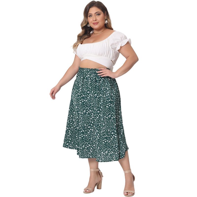 Agnes Orinda Women's Plus Size Pleated Elastic High Waist Casual Pockets Swing Floral Midi A Line Skirt, 3 of 6