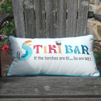 Tiki Bar White and Multicolor Lumbar Outdoor Pillow
