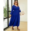Women Plus Size V Neck Wrap Maxi Dress High Waist Ruffle Summer Casual Dress with Belt Long Sleeve,navy blue yellow flower - 3 of 4