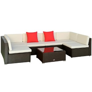 Outsunny 7 Piece Outdoor Patio Furniture Set, PE Rattan Wicker Sectional Sofa Set with Couch Cushions, Pillows, Coffee Table, Orange, Cream - 1 of 4